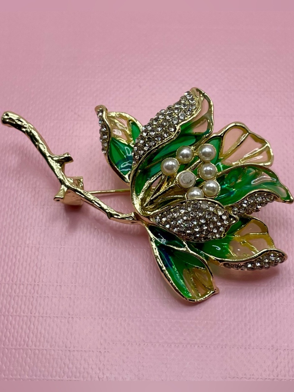 Gold-Tone Green Enamel & Pearl Floral Brooch